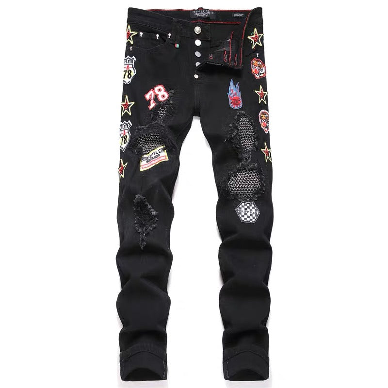 New-PHILIPP Tiger head patch jeans