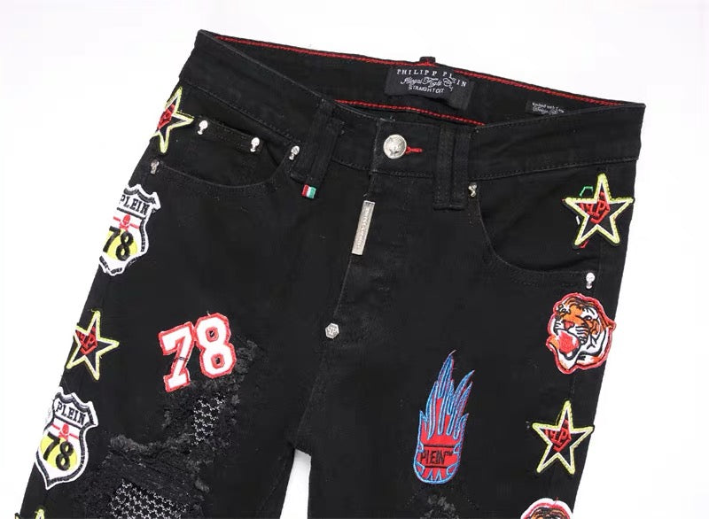 New-PHILIPP Tiger head patch jeans